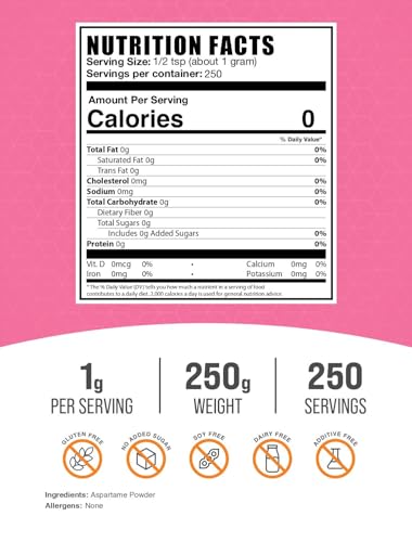 Image of BulkSupplements.com Aspartame Powder - Aspartame Sweetener, Sugar Substitute for Baking, Sugar Alternative - Pure & Gluten Free, 1g per Serving, 250g (8.8 oz) (Pack of 1)