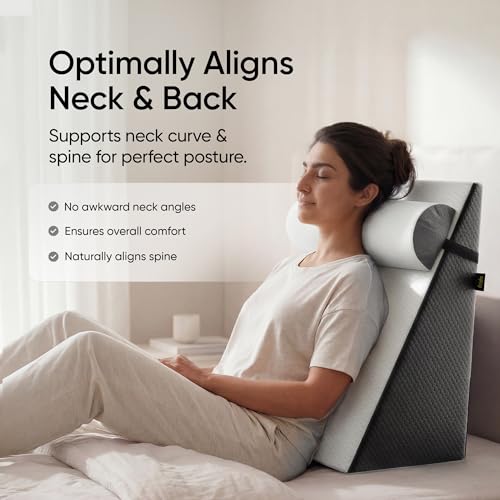 Image of Frido Wedge Plus Cushion with Neck Rest Pillow Combo | Dual Foam Wedge Cushion with Adjustable Roll | Back, Neck, Knee & Leg Support | for Post-Surgery, Pregnancy | Washable Covers, White & Grey