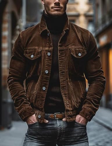 Mens Lightweight Corduroy Shirts Jacket Long Sleeve Lapel Button Tops Fall Clothing3
