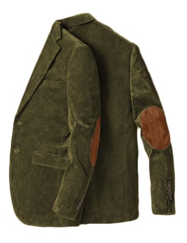 Stillluxury Giacca blazer con toppa al gomito per uomo monopetto in velluto a coste casual cappotto sportivo con risvolto tacca smoking da sposa, Verde oliva, L