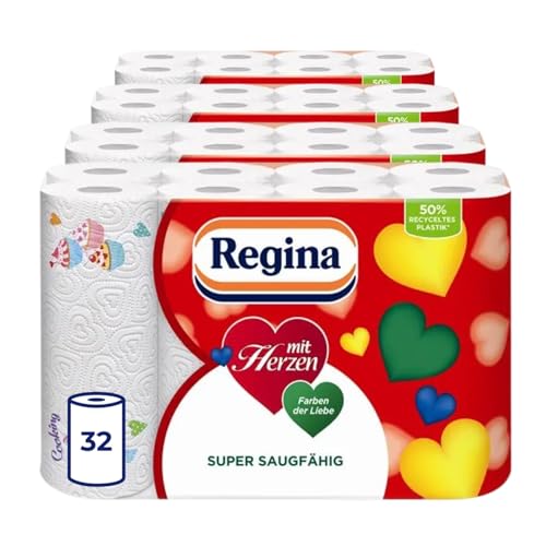 Regina mit Herzen Haushaltstücher - 32 Rollen-Packung (8 x 4 Einzelpackungen), 43 Blatt 3-Lagig, Super Saugfähig, Dick, Beständig, FSC Papier
