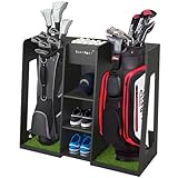 Golf Bag Organizer Storage Rack Stand Holder Fits 2 Extra Large Golf Club Bags and Multiple Golfing Equipment Accessories Great Gifts for Any Skill Level Golfer in Garage Shed Basement Indoor Outdoor
