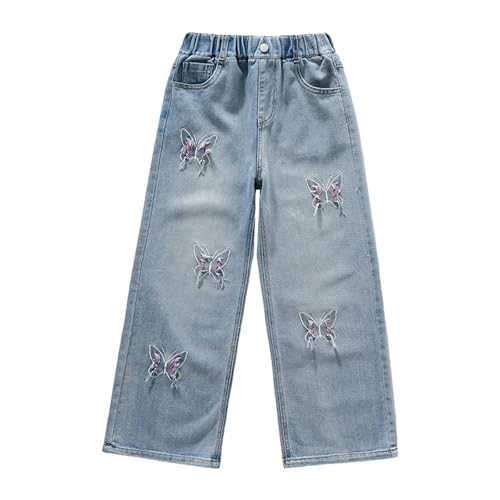 Wide Leg Jeans for Teens Butterfly Print Jeans Kids Elastic Waist Streetwear Denim Baggy Pants with Pockets 5-14Y