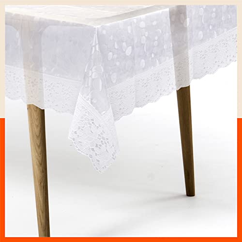 Matworks by Bathla – Albus Plastic Table Cover for Dining Table with White Lace – Rectangular – (60″ X 90″)| Pebbles