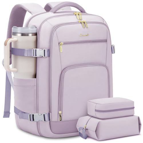 Image of LOVEVOOK Travel Backpack For Women, 40L Carry On Backpack Flight Approved, TSA Personal Item Travel Bag Fits 17 Inch Laptop, Business Weekender Overnight Waterproof Daypack With 2 Cubes, Light Purple