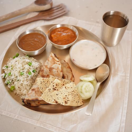 Image of Premium 6-Piece Pure Kansa Solid Dinner Set | Matte Finish | 1 Plate, 1 Spoon,2 Bowls, 1 Glass | Authentic Bronze Thali Set (कांसे का थाली सेट) (12 inch Plate(6 piece Set))