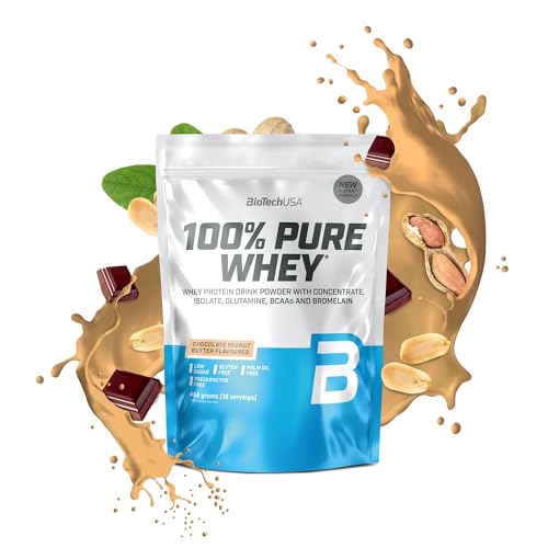 BioTechUSA 100% Pure Whey | Proteína en Polvo con BCAA y Glutamina | Sin Gluten, Sin Aceite de Palma, 454 g, Mantequilla de avellanas con chocolate