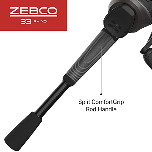 Zebco 33 Rhino Max Spincast Reel And Fishing Rod Combo, 6-Foot 6-Inch 2-Piece Durable Fiberglass Rod With Comfortgrip Handle, Quickset Anti-Reverse Fishing Reel With Bite Alert, Gray/Black #TOP5