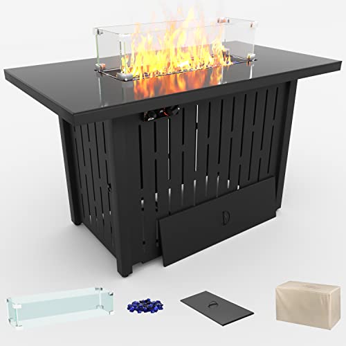 Greesum 43 Inch Outdoor Gas Fire Pit Table, 50,000 Btu Steel Propane Firepit With Wind Guard And Blue Glass Rock, Add Warmth And Ambience To Parties On Patio Garden Backyard, Black #TOP2