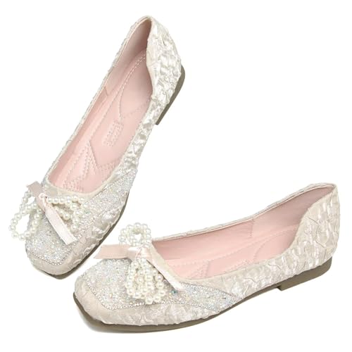 TN TANGNEST Womens Bowknot Ballet Flats Square Toe Sequin Rhinestone Dress Flats Cute Slip On Loafers Comfortable Wedding Flats4