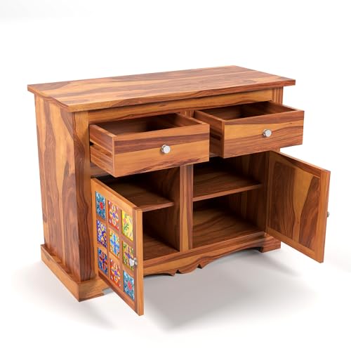 Image of Solid Wood 2 Drawer and 2 Door Chest of Drawer & Sideboard Storage Cabinet for Living Room Bedroom Kitchen Home (Adolph, Honey Finish)