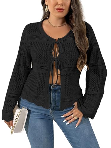 Image of MakeMeChic Women's Plus Size Cardigan Sweater Crochet Bow Tie Front Knit Outerwear Plus Black 1XL