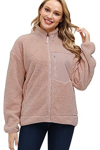 Kisscynest Women's Full Zip Fleece Jacket Stand Collar Fuzzy Fluffy Warm Winter Sherpa Coat Skin Pink L #TOP3