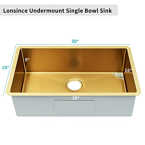 Lonsince Undermount Kitchen Sink 30 X 18 Inch,Single Bowl Kitchen Sink Undermount,Gold Kitchen Sink,Undermount Stainless Steel Kitchen Sink #TOP3