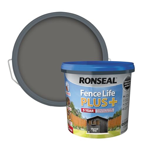 Ronseal Fence Life Plus+ Charcoal Grey 5L 5 Year Long Lasting Protecion All Weather Protection Sticks to Damp Wood Brush or Spray on For all Sheds and Fences also Showerproof in 1 Hour
