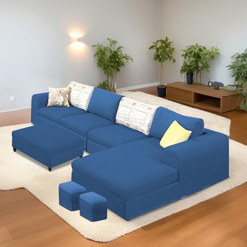 Image of Koza RHS 8 Seater L Shape Sofa Set with Center Table for Living Room (Blue Fabric) Premium Fabric Sofa