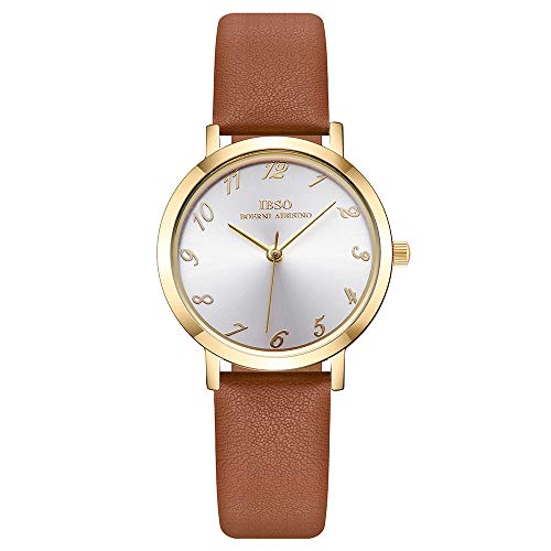 IBSO Ladies Watches Leather Band Wrist Watch Round Case Fashion Women Watches Waterproof (3633 Brown)