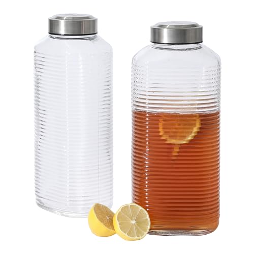 Gibson Home Aspen Heights 2 Pack 64 OZ (1.9 Liters) Large Embossed Reusable Glass Bottles w/Airtight Leakproof Stainless Steel Lid Pitcher for Water Milk Juice - Dishwasher Safe