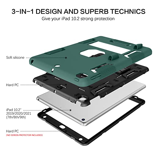 Bentoben Ipad 9Th Generation Case, Ipad 8Th Generation Case, Ipad 7Th Gen Case,Ipad 10.2 Case, 3 In 1 Heavy Duty Rugged Shockproof Kickstand Hybrid Bumper Protective Girl Women Boy Cover, Dark Green #TOP1