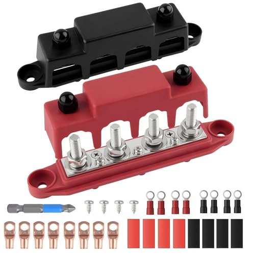 KINGHON 12V-48V DC Sammelschienen Verteilerblock, 250A BusBar Box mit 4 x M8 Klemmenbolzen, Stromverteilungsblock für Auto RV Boat Yacht