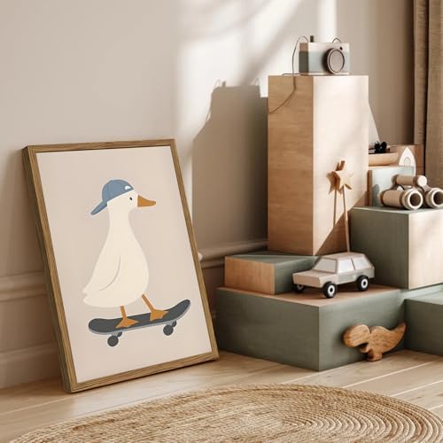 Cute Goose Wall Art Funny Silly Goose Skateboard Wall Decor Painting Whimsical Duck Poster Canvas Print Picture for Living Room Bedroom 12x16 inch Wood Framed - 2