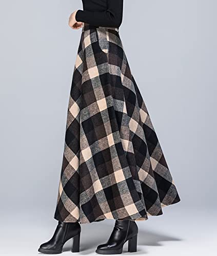 Femiserah Women's High Elastic Waist Long Maxi Woolen A Line Skirt Fall Winter Tartan Skirt4