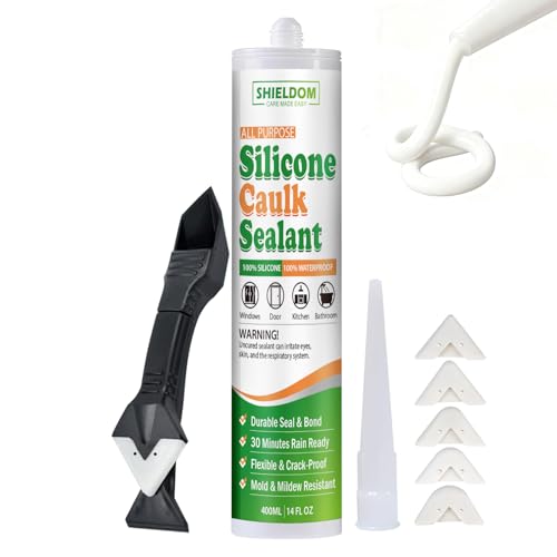 SHIELDOM Silicone Caulk White Silicone Sealant 100% Waterproof All Purpose Caulk & Seal with Caulking Tool Stronger Adhesion Shrink & Crack Proof for Kitchen