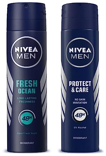 Image of Nivea Men Deodorant Spray, Protect & Care, No Skin Irritation & 48H Freshness, 150 Ml And Deodorant Spray, Fresh Ocean, 48H Long Lasting Freshness With Fresh Aqua Scent, 150 Ml, Pack Of 1