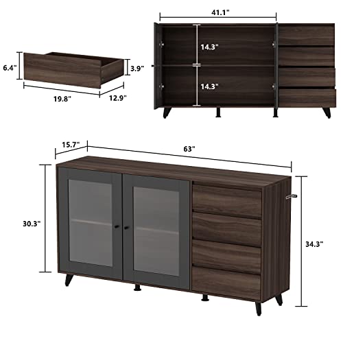 Aiegle Kitchen Buffet Cabinet, 63" Wide Large Storage Cupboard Pantry With 2 Glass Doors & 4 Drawers, Sideboard Buffet Cabinet For Kitchen Storage, Dark Walnut (63" L X 15.7" W X 34.3" H) #TOP1