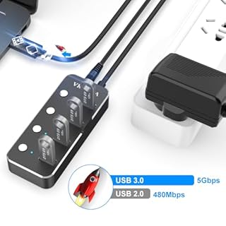 USB Hub 3.0 Powered, VKUSRA 4 Ports Ultra Slim USB Splitter with 5V/3A AC Power Supply Adapter, High-Speed Data Hub with 1.2m Extended Cable and Individual On/Off Switch