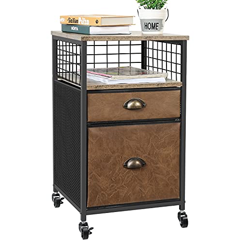 Armoire de bureau mobile avec roulettes verrouillables, étagère ouverte et 2 tiroirs, pour dossiers légaux / lettres / A4 (marron rustique et noir) Cover