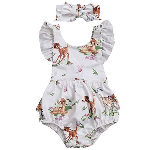 IBTOM CASTLE Newborn Toddler Infant Baby Girls Clothes Christmas Bambi Deer Romper+Headband Ruffle Flutter Sleeve Bodysuit Backless Sunsuit Birthday Playsuit 2pcs Outfit Set White 6-12 Months