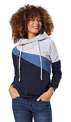 HAPPY MAMA. Damen Umstands Kapuzenpullover Stillzeit Lang Ärmel Farbblock. 321p (Graue Melange & Jeans Melange & Marine, 40, L)