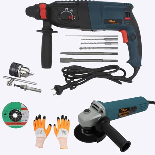 Image of Hillgrove HGCM1365M1 1200W 100% Copper Winding 26mm Rotary Hammer Impact Gun Chipping Hammering Drilling Breaker Drill Machine Kit Set with Angle Grinder