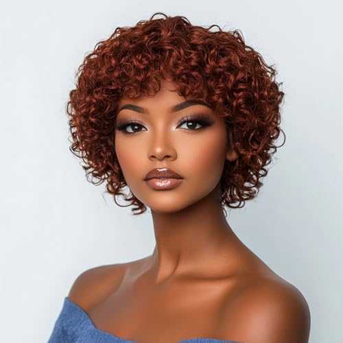 DÉBUT Short Curly Wigs 100% Human Hair Afro Curly Glueless Wigs with Bangs for Women Loose Curls Wear&Go Non Lace Front Wig (Reddish Brown)