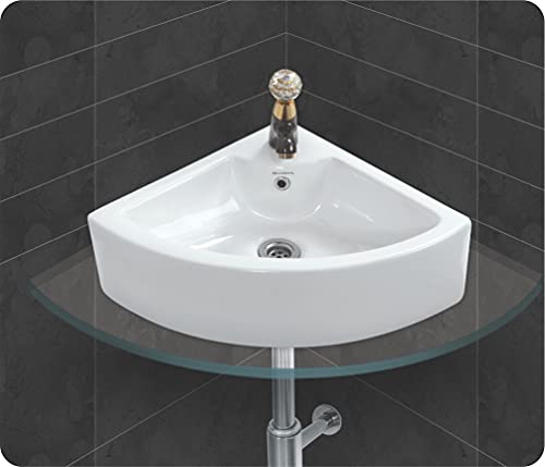 Image of Corner Wash Basin Counter Top cum Wall Hung Mounted Glossy Finish White Sink for Bathroom 16 x 16 x 6 Inch