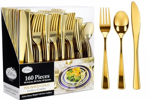 Image of Gold Plastic Silverware Set, 160 Count, Extra Heavy Duty Flatware, Disposable Cutlery Utensils, 80 Forks, 40 Spoons, 40 Knives, Polished Gold, Bulk Pack