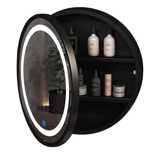 Armario de baño con Espejo Redondo y Luces LED, 50/60/70 cm de diámetro, Iluminado, para artículos de tocador, Ahorra Espacio (Negro, 50 x 50 cm)