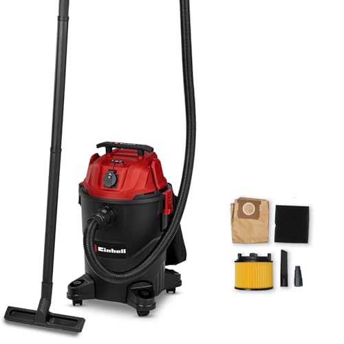 Einhell TC-VC 2555 A - Aspirador de Agua y Polvo (850 W, Potencia de succión 180 mbar, Toma de Corriente esclavizada, Tanque 25 L, asa, con boquillas, filtros y Bolsa colector de Polvo)