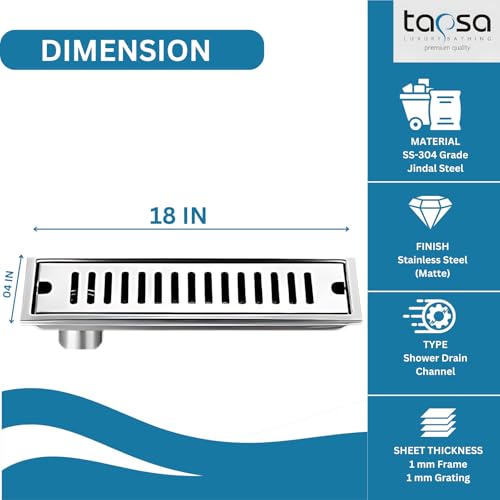 Image of Tapsa Wave Floor Drain Channel Chrome| 304 Stainless Steel | Invisible Shower Drain Channel | 16 x 4 Inches | Waste Water Floor Drain Channel | Drainer Channel | Anti Cockroach Trap | Silver