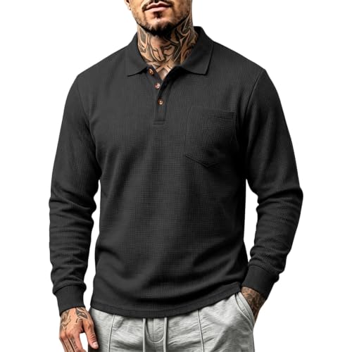 Mens Long Sleeve Polo Shirts Button Down Collar Golf Shirt | Trendy Casual, Button Down Collar, Chest Pocket, Slim Fit, Lightweight, Golf, Work, Fall, Winter Black XL - image 5