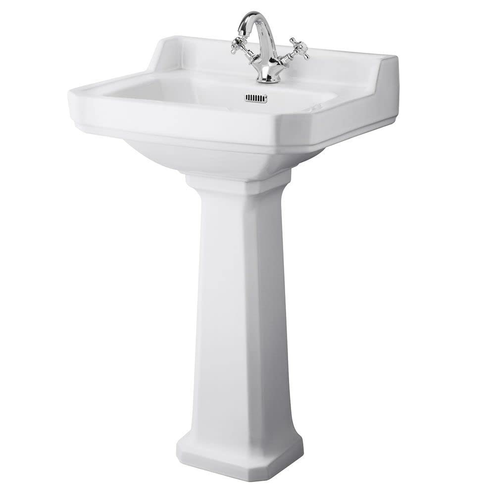 Milano White Richmond Comfort Height Full Pedestal 1 Tap Hole Bathroom Basin Sink - 595Mm X 470Mm