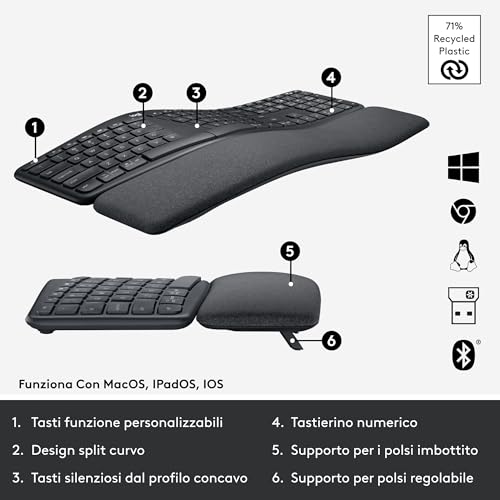 Logitech ERGO K860 Wireless Split Keyboard - Tastiera Ergonomica Wireless, Poggiapolsi, Connettività Bluetooth e USB, Compatibile con Windows e Mac, Layout Italiano ‎QWERTY - Grigio - 6