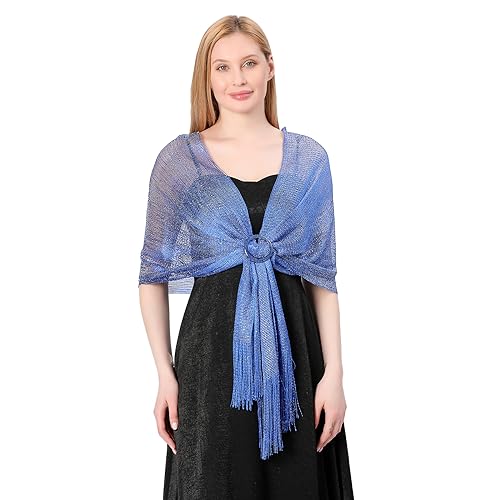 Image of Stoles for Evening Dress with Buckle, Fringes - Polyester Blend, Shimmer Stole Wraps for Weddings, Party | Women's Clothing