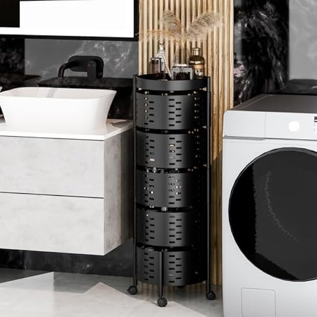 Kitchen Cart Fruit and Vegetable Storage Snack Cart Rotating Trolley Rotating Kitchen Storage Shelvesstorage Cart Fruit Basket Floor Stand Shelf Fruit Tower, 5 Tiers Black 5-Layers-8ZskNlZn