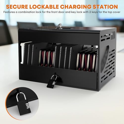 Image of 16 Bay Laptop Charging Cabinet for Chromebook, Locking Charging Station with Cable Management, Charger Storage Box & 2 Locks, Fits 14 inch Screensize Tablet for Classroom Library Office, Black