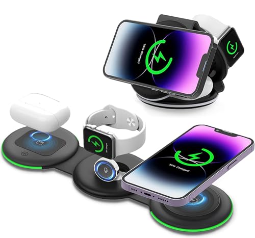 PINRUIGE Trådlös Laddare, Mag-safe 3 i 1 Induktiv Laddningsstation Vikbar Wireless Charger kompatibel med i-Phone 15 14 13 12 11 Pro Max/Mini/XS/XR/8, iWatch Ultra/8/SE/7/6/5/4/3/2, Air-Pods Pro/3/2