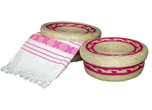 Mexikanische handgefertigte Palmenkörbe mit Deckel und 1 gewebtes Serviettentuch (Servilleta mexicana), 100 % Baumwolle, umweltfreundlich, Tortillero-Stövchen (Tortillero), für Party, Rosa, 2 Stück