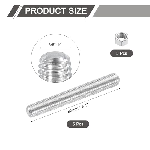 QUARKZMAN 3/8-16 Vollgewinde-Stange, 5 Stück 304 Edelstahl Langgewindeschraube 3,1 Länge Rechtsgewinde für Möbelmontage Befestigung