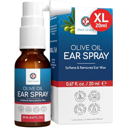 Medi Grade Olivenöl Spray Ohrenschmalz Entferner Spray bei Verstopften Ohren, 20 ml – 100% Natürliches, Weicht Verhärtetes Ohrenschmalz auf und Ablagerungen – Über 50 Effektive Ohrenreinigung Spray